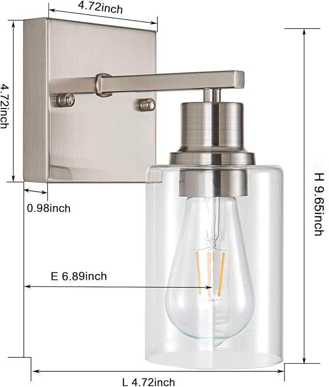 1-Light Bathroom Light Fixtures, Brushed Nickel Vanity Light with Clear Glass Shade, Modern Wall Sconce for Mirror Bedroom Hallway Farmhouse Kitchen
