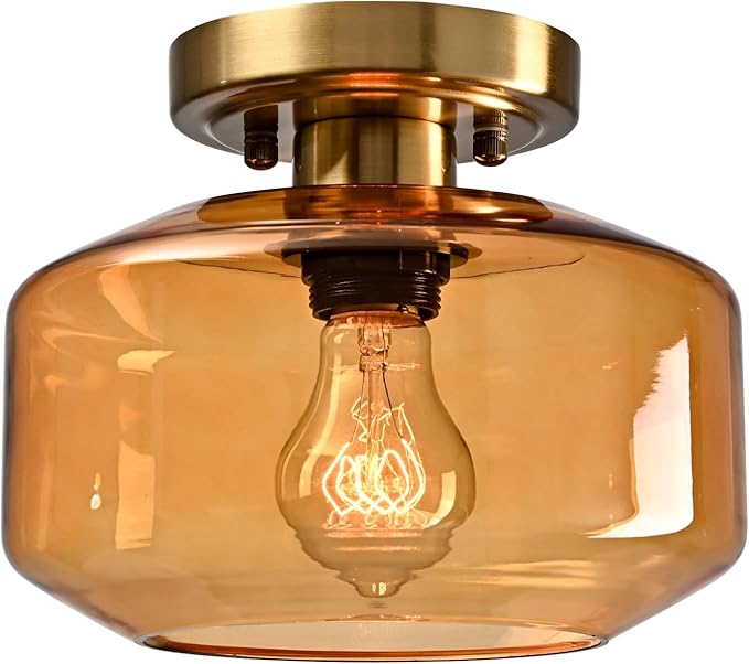 Mid Century Modern Ceiling Light Amber Glass Vintage Mount Light Fixture Small Pumpkin Glass Ceiling Light for Kitchen Dining Laundry Room Foyer Porch