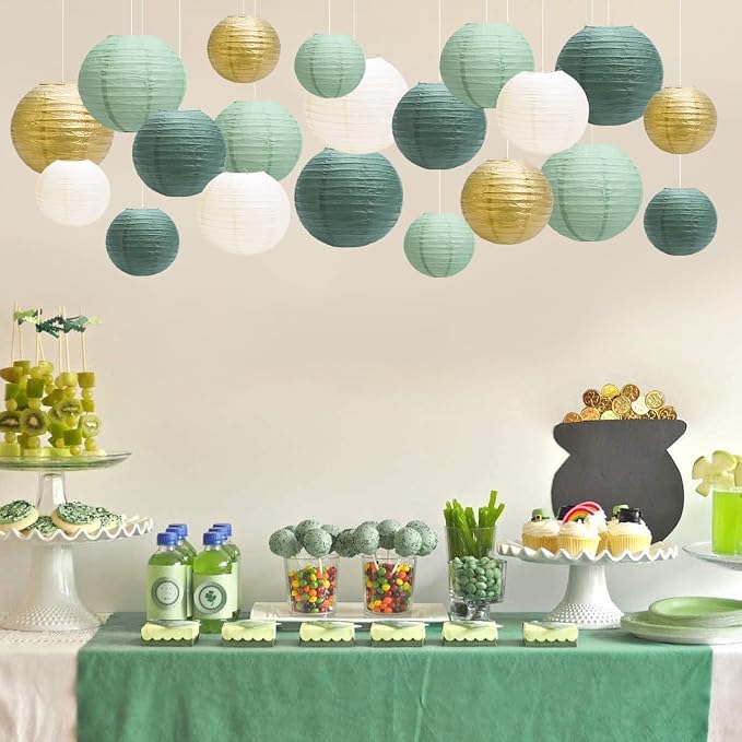 Paper Lanterns Party Decorations, Hanging Round Chinese Lanterns for Graduation Baby Shower Sage Green Birthday Decorations Pack of 20 Sage Green Gold