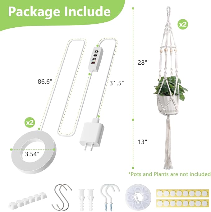 2 Pack Macrame Plant Hanger with Grow Light for Indoor Plants | 10 Brightness, 3 Light Modes, 3/9/12H Timer, Fits 5-9 in Pots, Cotton Rope, Boho Decor, Pots Not Included