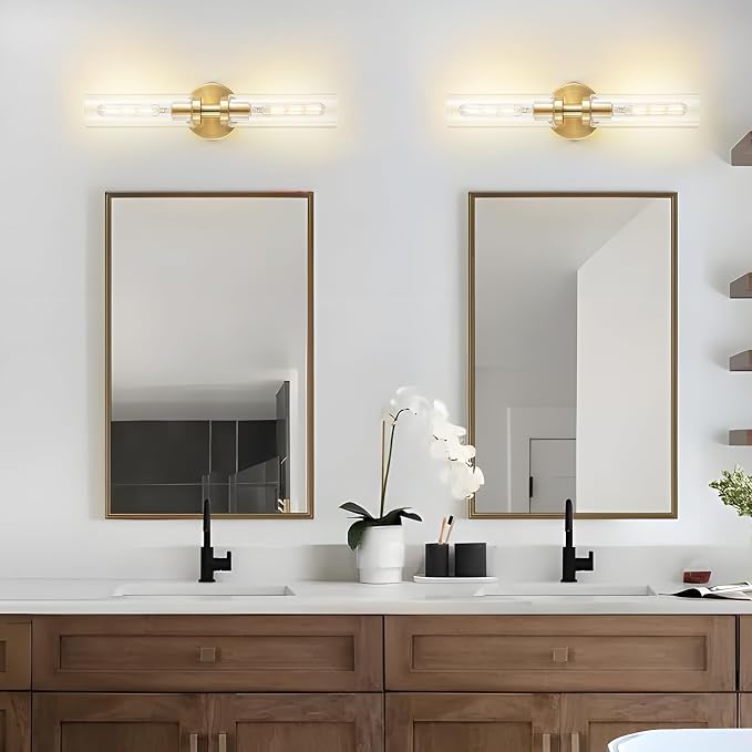 Lanhall 2 Light Bathroom Wall Sconce Set of 2,Modern Farmhouse Brushed Brass Gold Bathroom Light Fixture Over Mirror with Clear Glass Shade,Vanity Light for Hallway Cabinet Bedroom Stairway Porch