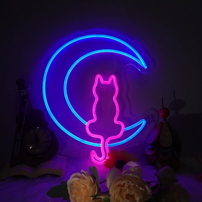 Moon Cat Neon Signs for Wall Decor, White Blue LED Light Sign for Preppy Room Decor Light Up Sign for Party Decoration