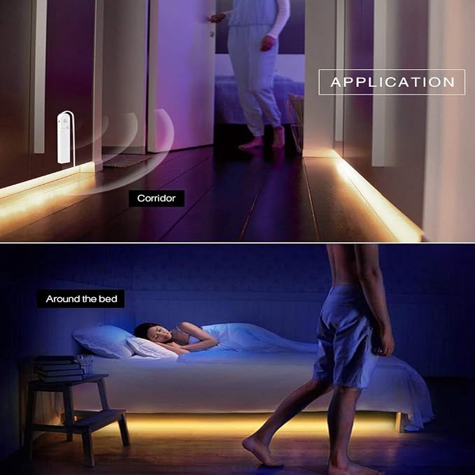 Under Cabinet Lights, 3M/10FT LED Bed Stairs Wardrobe Strip Lights Motion Sensor, 5V USB & Battery Powered Closet Night Tape Lights Four Modes, Waterproof - Warm White, 3M x 1 Pack