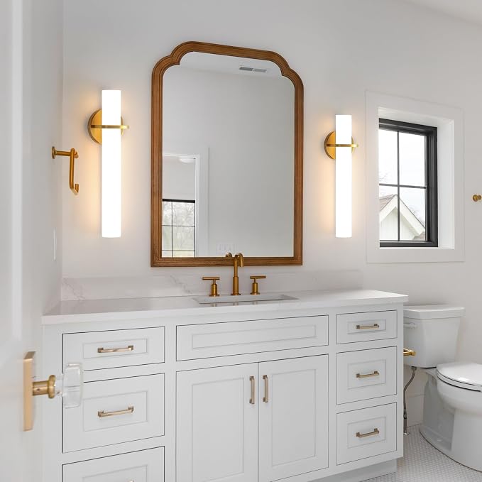 Hardwired Wall Sconces Set of Two 18 Inch Gold Bathroom Wall Sconces 18W 2700K-5000K LED Dimmable Modern Wall Lights with Acrylic Lampshade Brushed Gold Sconces for Bedroom Living Room Hallway