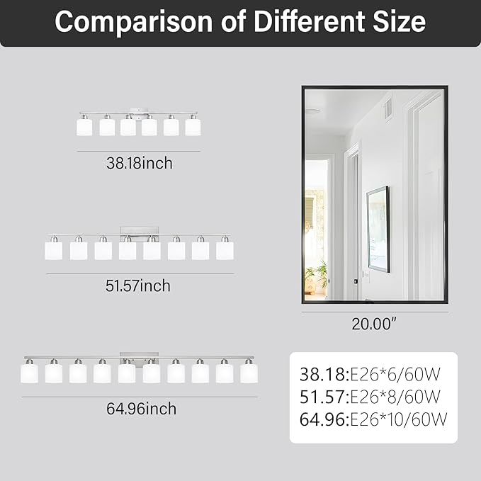 Brushed Nickel Bathroom Sink Lighting Fixtures for Giant Mirror, Anti-Rust Finish 65 inch 10 Light Bathroom Vanity Light Fixtures Modern with Milky White Frosted Glass