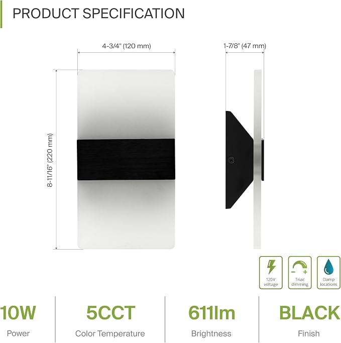 ASD 8 Inch Indoor LED Wall Sconce - 10W 2700K-5000K Dimmable Black Wall Sconce Lights for Living Room, Bedroom, Bathroom, Hallway - Modern Wall Sconces Hardwired, ETL Interior Light, Set of 2