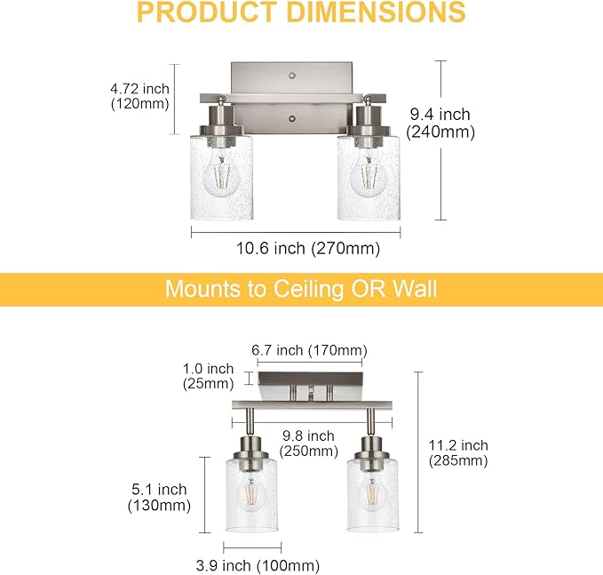 2-Light Brushed Nickel Kitchen Track Lighting Fixtures Ceiling Mount Track Lighting Kit with Bubble Seeded Glass Shade Modern Bathroom Tracking Vanity Lights Ceiling Tracking Accent Shop Light