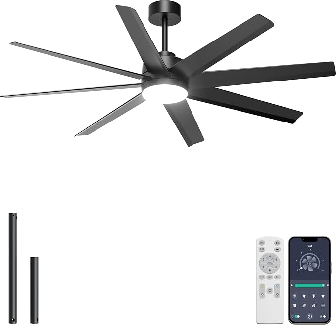 Ohniyou 60" Black Ceiling Fan with Light for Patio, Porch, Living Room | Remote/App Control, Quiet DC Motor, 3CCT Dimming, Modern Covered Outdoor Fan with 8 ABS Blades