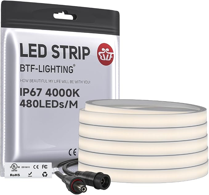 BTF-LIGHTING COB LED Strip Light, UL Listed Diffused Neon Light Natural White 4000K, IP67 Waterproof 16.4FT DC24V 10mm Width LED Light for Home Indoor DIY Lighting(No Adhesive, Adapter & Controller)
