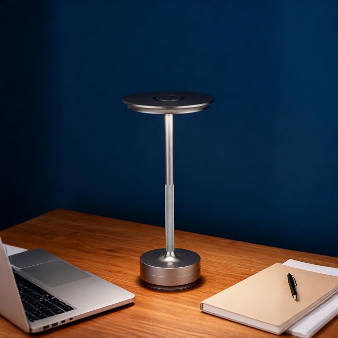 UdoUto Cordless Table Lamp Rechargeable, Silver | 5000mAh Battery Operated, LED, Touch Stepless Dimming, Portable Metal for Patio, Restaurant, Bedroom