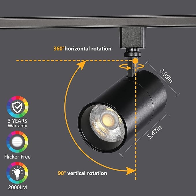 VANoopee 3-Color 20W Dimmable LED Track Lighting Heads H Type - Bright Track Light Fixtures Ceiling Spotlight for Kitchen, 3000K 4000K 5000K Selectable, Pack of 6, Flicker Free CRI90+ 36° 2000lm Black