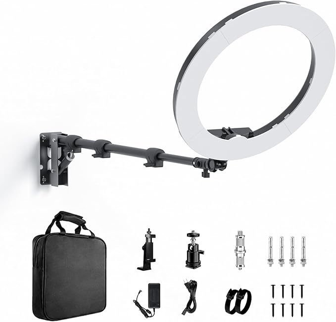 18 Inch Ring Light with Wall Mount Stand, Bi-Color LCD Display 55W 3000-5800K CRI≥97 Light Ring for Video Recording/Photography/Beauty Shop/Tattoo/Barber