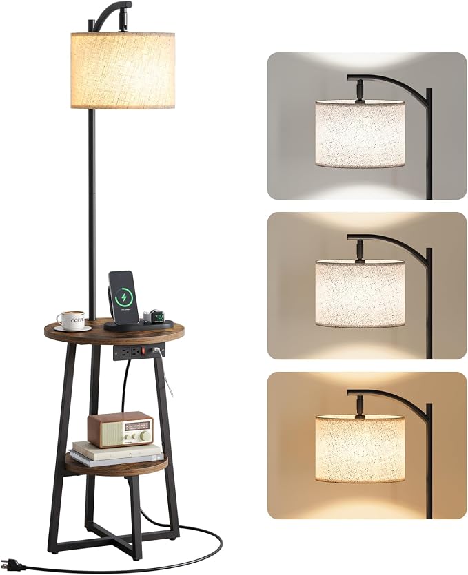 Yoobure Floor Lamp with Table - Farmhouse Night Stand with Charging Station | Side Table with Floor Lamps for Living Room, Bedroom, End Table with Lamp Attached 3 Color Temperatures Bulb, 2 Tier Shelves