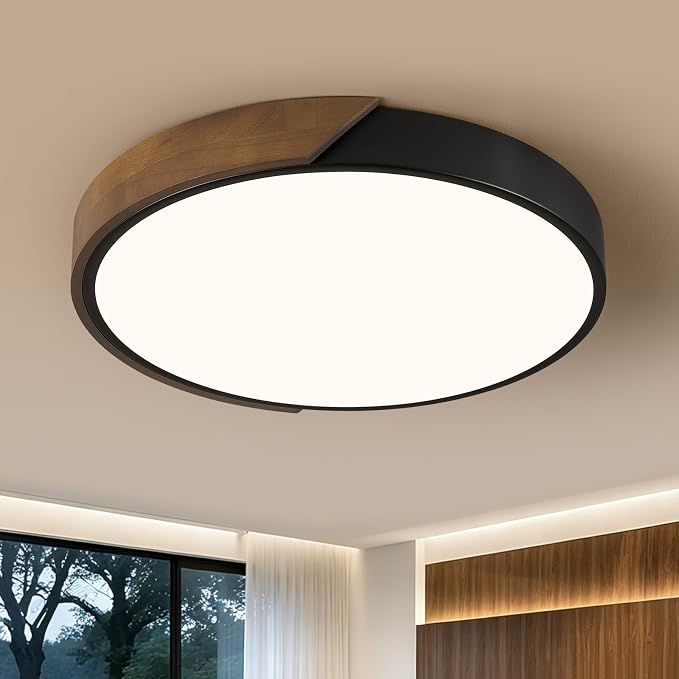 Modern LED Ceiling Light, Brown Walnut Wood Minimalist Flush Mount Ceiling Light Fixture, Dimmable Circle Lighting Lamp with Acrylic Lampshade for Bedroom Hallway Laundry 15.8"