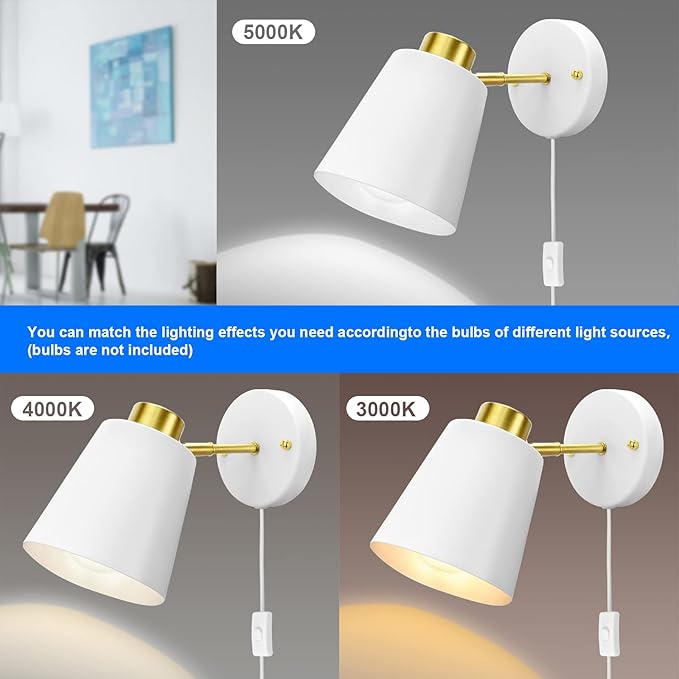 Yollzey Plug in Wall Sconces, Rotatable Angle White Wall Lamp with Plug in Cord Metal Vintage Industrial Wall Mounted Light Reading Light for Bedroom Bedside Doorway(2 Pack)
