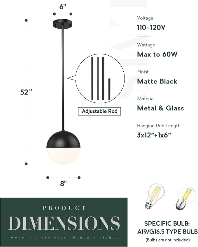 2 Pack Mid Century Pendant Lights, Matte Black Kitchen Island Light Fixtures with White Globe Glass Shade, Adjustable Hanging Rod Ceiling Light for Home Office Dining Room Bathroom, LMS-186BK2PK