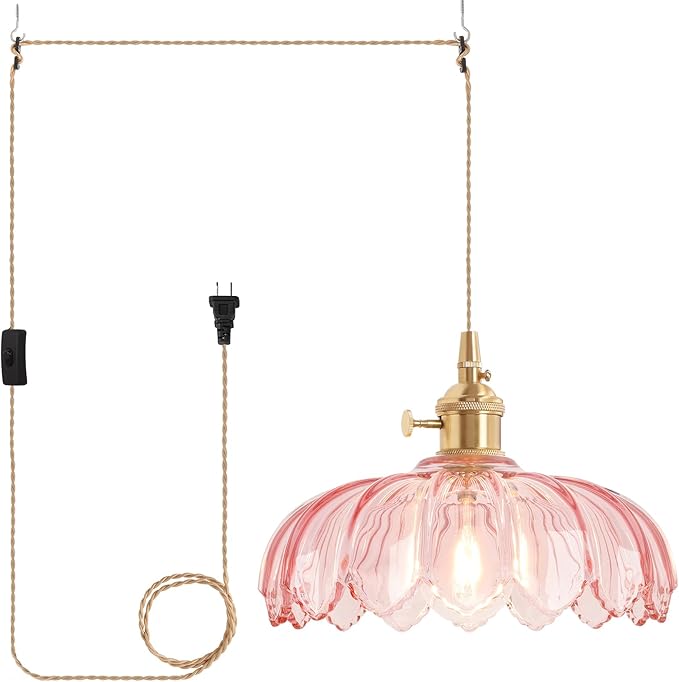 Shenmoyl Plug in Pendant Light Hanging Light Fixtures with Plugin Cord On/Off Switch,Pink Scindapsus Glass Lampshade Brass Pendant Light