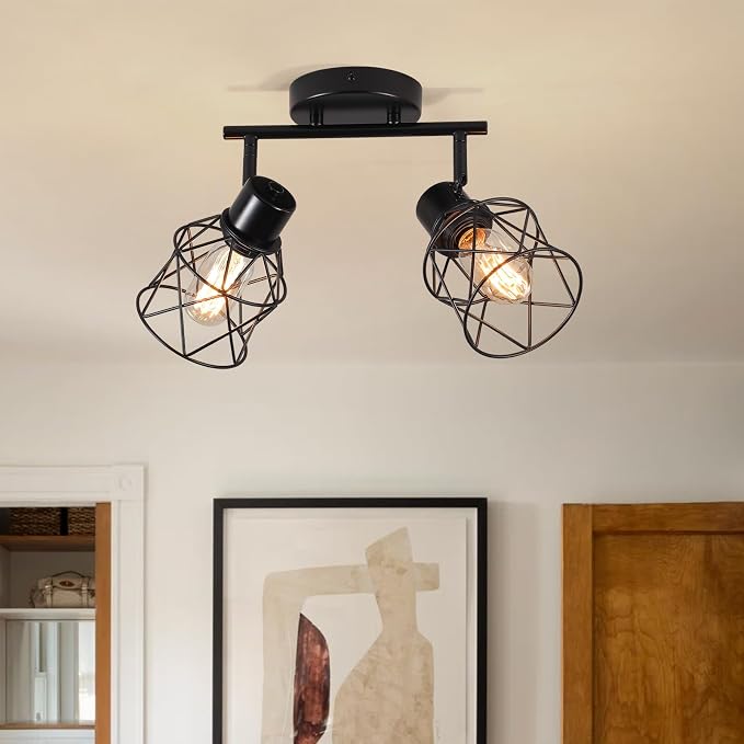 2 Lights Adjustable Multi-Directional Black Light Fixtures, Semi Flush Mount Ceiling Light, Kitchen Light Fixtures Ceiling Mount, Geometric Metal Cage Industrial Spotlight Fixtures for Dining Room