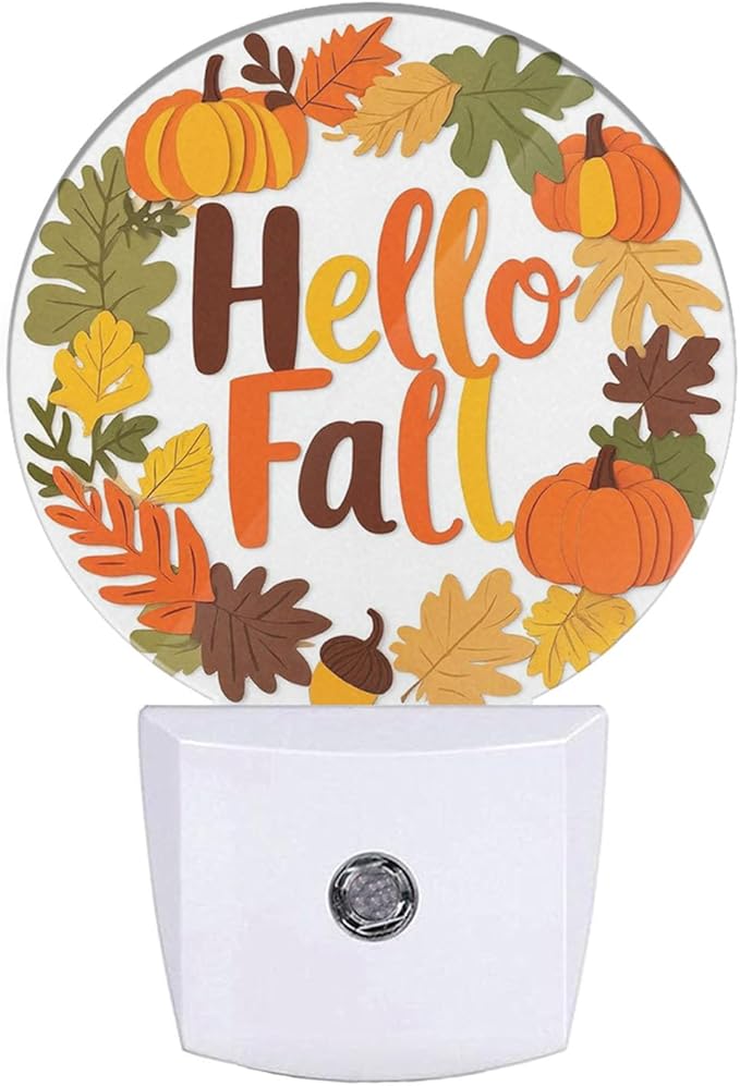 Mugod Hello Fall Plug-in Nightlights Autumn Leaves Maple Pumpkin Night Light Plug into Wall with Dusk-to-Dawn Sensor LED Lighting 0.5W Sleep-Friendly