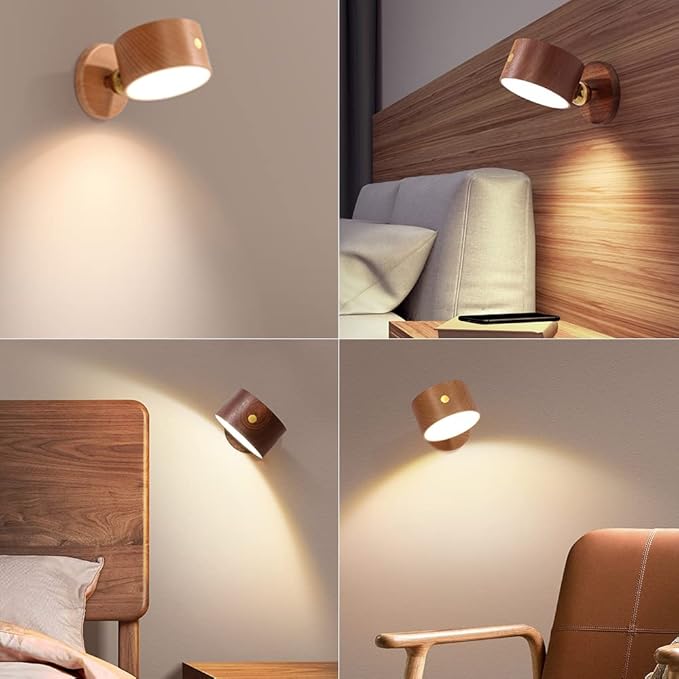 Wooden Led Wall Sconce, 360 Rotatable Dimmable Rechargeable Battery Operated Magnetic Led Night Light for Reading and Household Lighting (Sapele Wood 2pcs)