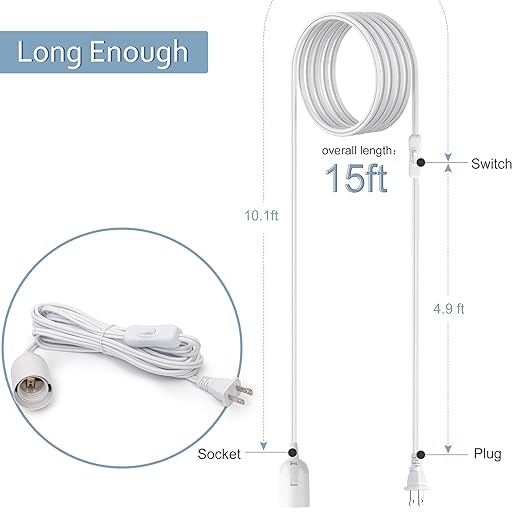 JACKYLED Extension Hanging Lantern Cord Cable 2-Pack 15Ft UL 360W with E26 E27 Socket On/Off Button Pendant Lighting