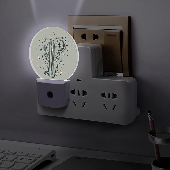 Round LED Night Light,Wild Cactus Desert Arizona Vintage LED Night Light Plug into Wall with Dusk to Dawn Light Sensor White Energy Efficient Nightlight for Bedroom Hallway Living Room Kitchen