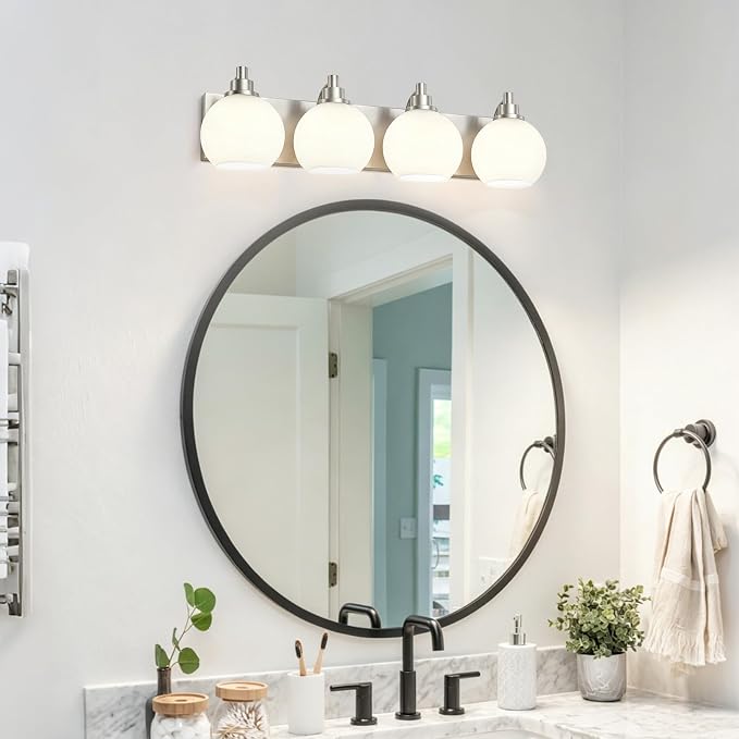 IZORRO Bathroom Light Fixtures, 4-Light Brushed Nickel Vanity Light, Modern Wall Sconces with Globe Milk White Glass Shade, Vanity Lighting Fixtures Over Mirror,E26 Bulb Socket