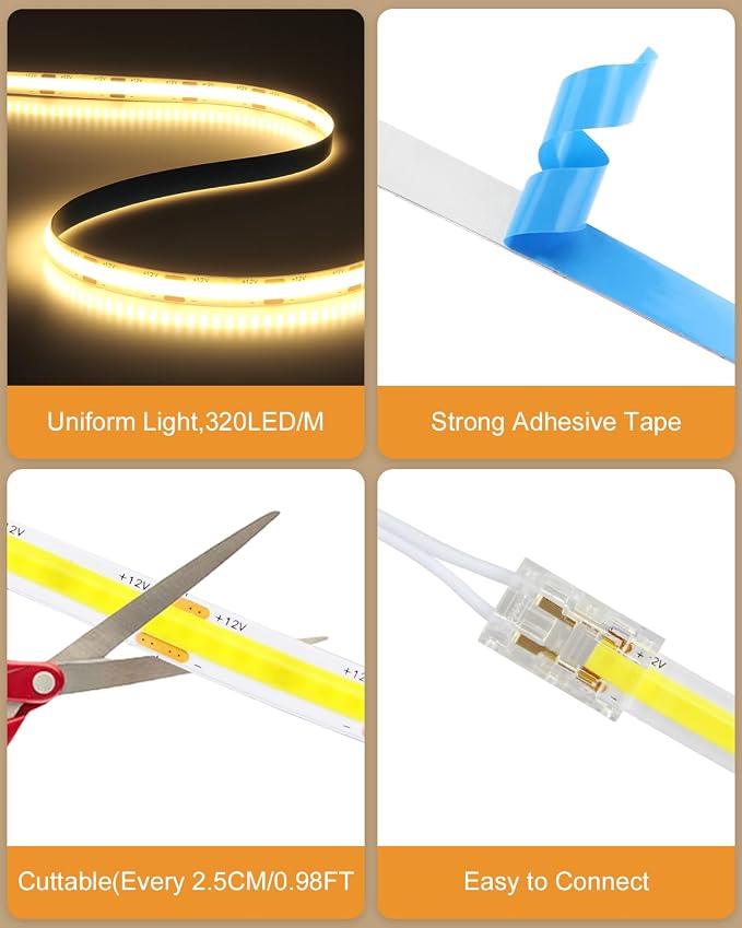 Warm White Under Shelf Lights Strip with Hand-Sweep On/Off 32.8FT 12V 3000K | 2 Rolls of 16.4ft 100W,Self-Adhesive Dimmable COB LED Strips Light,Cuttable DIY Shelf Lighting for Bookshelf Pantry Closet