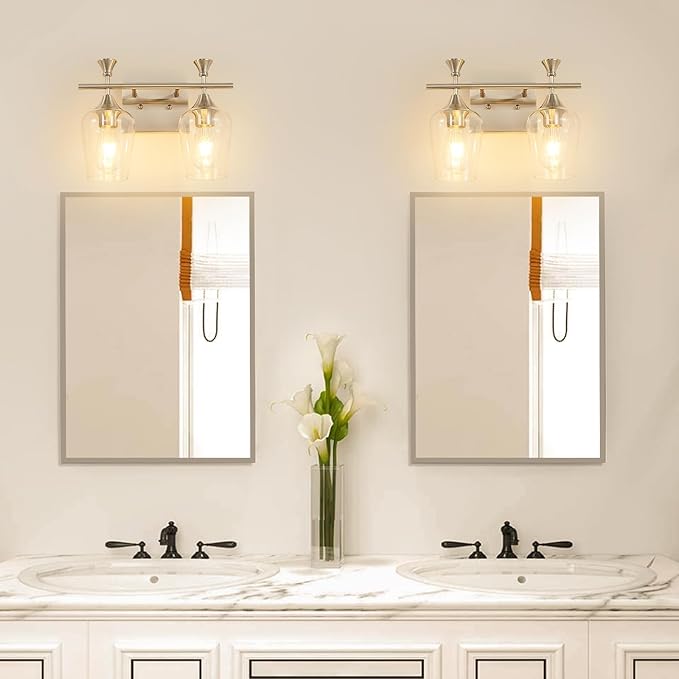 Bathroom Light Fixtures (2-Light, 14 Inch), Brushed Nickel Vanity Lights for Bathroom with Clear Wine Glass Glass Shade, Modern Vanity Wall Lights for Mirror Bedroom Living Room Kitchen Hallway Porch