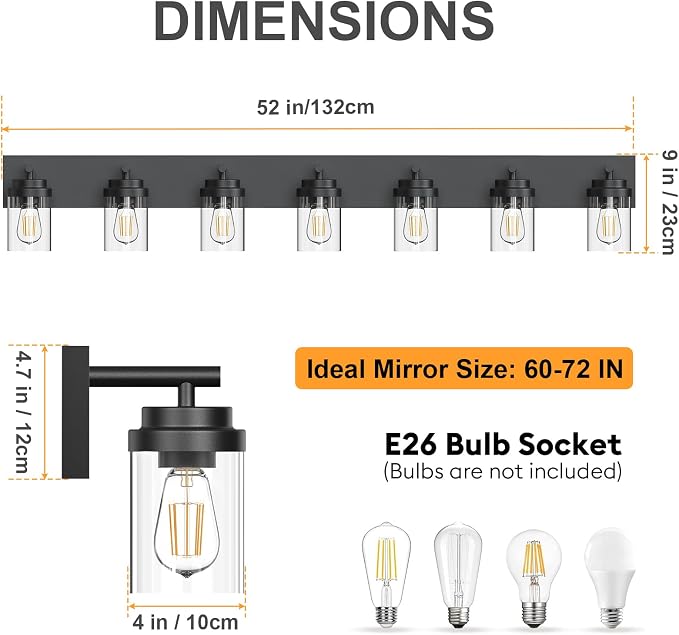 IZORRO Bathroom Vanity Light Fixture, 7-Light 52 inch Matte Black Bathroom Light Fixtures Over Mirror, with Clear Glass Shade, Modern Farmhouse Vanity Lights, Rustic Restroom Lighting Fixtures