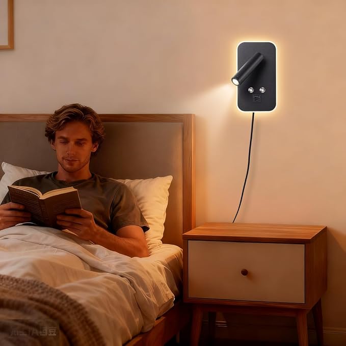 Wall-Mounted LED Bedside Reading Light Plug-in, with USB Charging Port, Stepless Touch Dimming, 3000K Warm Ambient Lighting Wall Lamp Sconce for Bedroom, Eye-Caring Bedroom Lighting (Black)
