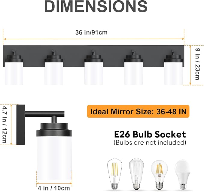 IZORRO Bathroom Vanity Light Fixture, 5-Light 36 Inch Matte Black Bathroom Light Fixtures Over Mirror, with White Glass Shade, Modern Farmhouse Vanity Lights, Rustic Restroom Lighting Fixtures