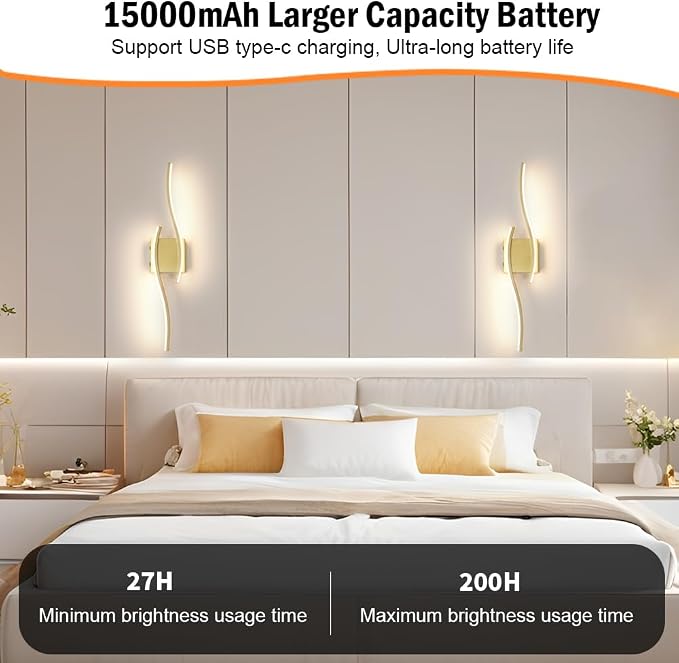 Battery Operated Wall Sconce Set of 2, Gold USB Rechargeable Wall Sconces, Dimmable Cordless Battery Wall Sconces with Remote Control, LED Wireless Lighting for Living Room Hallway Bedroom, 27.56in