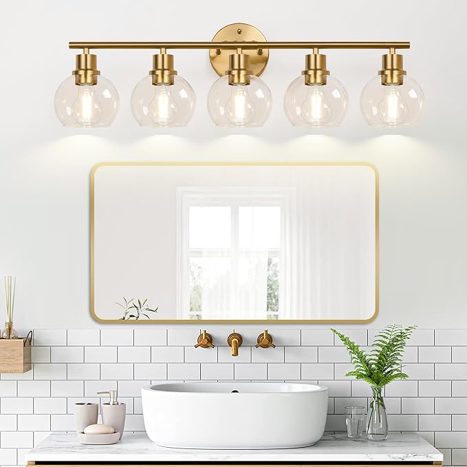Indoi 5-Light Bathroom Light Fixture, Modern Brushed Gold Bathroom Lights Over Mirror with Clear Glass Globe Shades, Vanity Lighting Fixtures for Kitchen, Living Room, Hallway, Bedroom, Porch