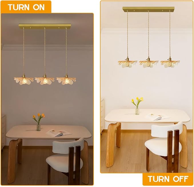 3-Light Vintage Petal Glass Ceiling Hanging Light Adjustable Gold Brass Chandelier Amber Glass Shade LED Linear Island Light for Dining Room Farmhouse, Indoor Cluster Lighting