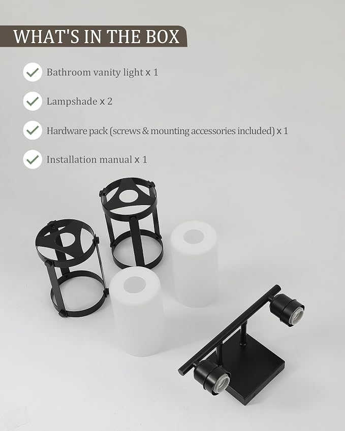 2-Light Black Bathroom Light Fixtures with Milk White Frosted Glass, 13.2" UL-Listed Modern Wall Sconce Over Mirror with Metal Cage for Bath, Hardwire E26, OS-3014BKW-2W