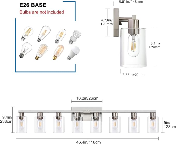 8 Light Bathroom Vanity Light Brushed Nickel Bathroom Light Fixtures 8-Light Vanity Lights for Bathrrom Lights Fixtures Over Mirror Large Wall Sconce with Clear Glass Shade