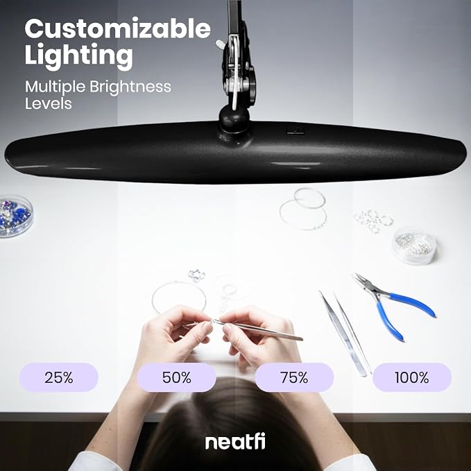 Neatfi XL 2200 Lumens 24W LED Desk Lamp – Shadow-Free Task Lighting | 4-Level Dimming | Home Office & Crafts Use | 20-Inch Wide Head (Black, Non-CCT with Clamp)