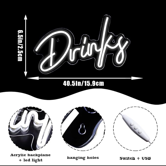 Looklight White Neon Light Drinks Letters Led Signs USB Powered Up Wall Decor for Teen Boys Room Bedroom Restaurant Bar Hotel