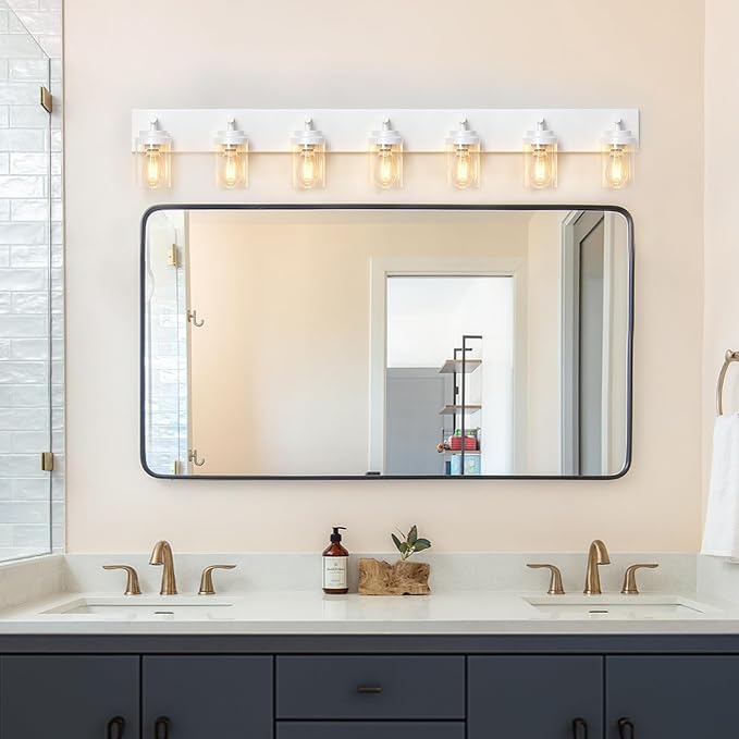 IZORRO Bathroom Vanity Light Fixture, 7-Light 52 inch White Bathroom Light Fixtures Over Mirror, with Clear Glass Shade, Modern Farmhouse Vanity Lights, Rustic Restroom Lighting Fixtures