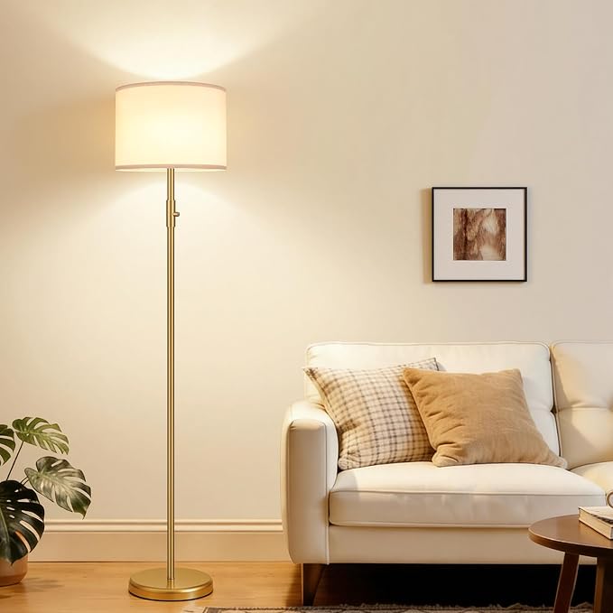 【Upgraded】 Dimmable Gold Floor Lamps for Living Room, 9W LED Bulb Included, Modern Standing Lamp with White Lamp Shade, Tall Pole Light for Bedroom Reading Office Corner Nursery-Gold