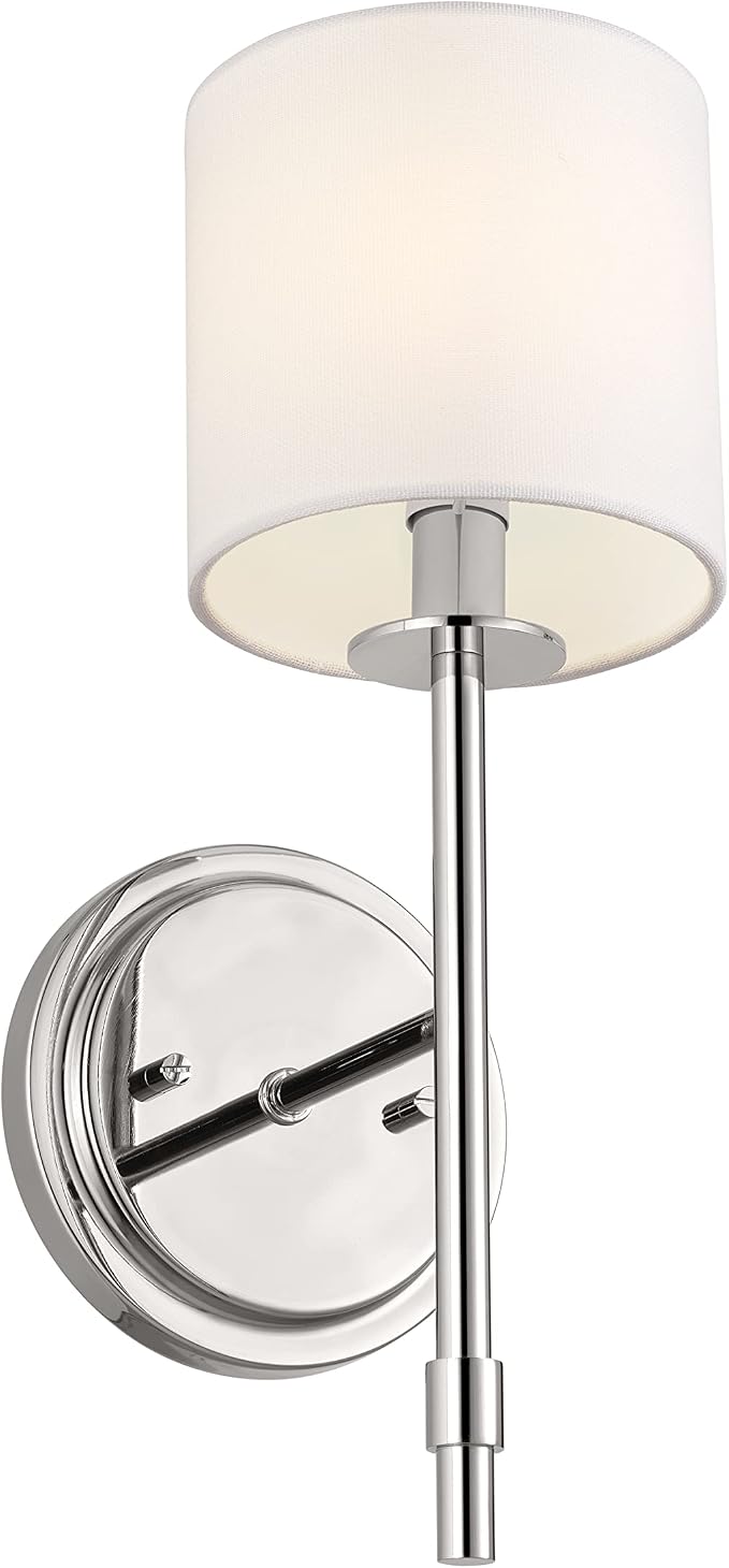 Kichler Ali 1 Light Wall Sconce in Polished Nickel with White Fabric Shade for use in Bathrooms, Bedrooms, Kitchens, Dining Rooms and Hallways, 52505PN