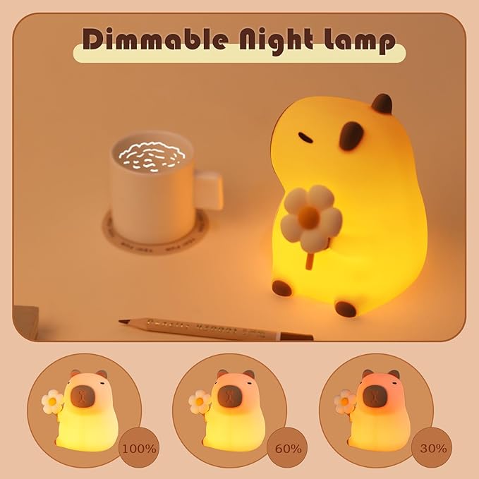 Night Light for Kids, 7 Colors Capybara Silicone Nightlight with Timer, Rechargeable Nursery Night Light, LED Bedside Nightlamp, Dimmable Cute Animal Night Lamp for Kids Boys Girls Toddler (Daisy)