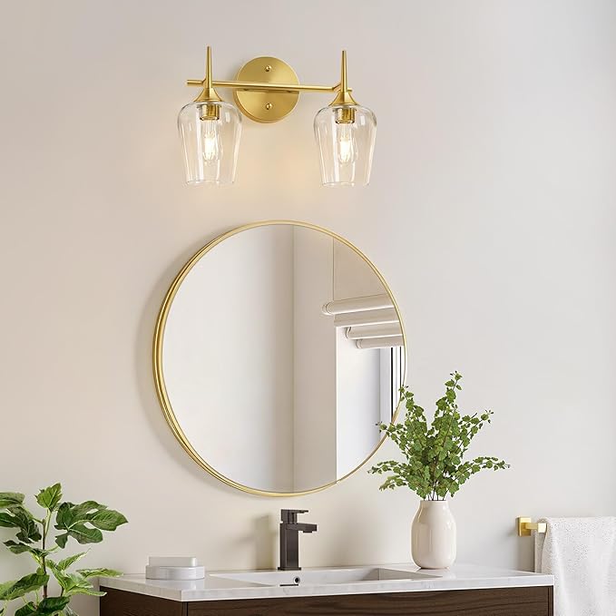 2-Light Bathroom Light Fixtures, Gold Vanity Lights for Bathroom with Clear Glass, Bathroom Lighting Fixtures Over Mirror, Modern Wall lamp for Cabinet Hallway