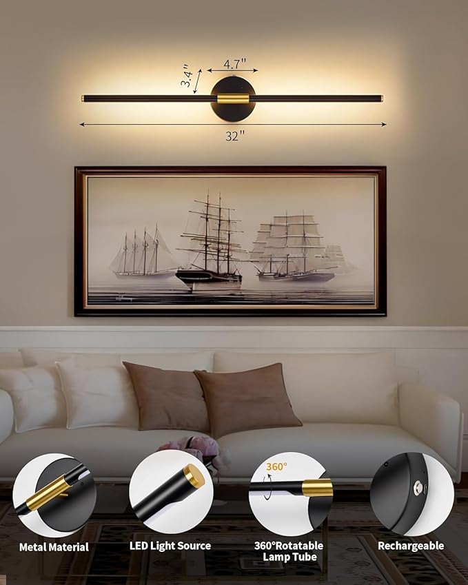 32" Battery Operated Wall Sconce Set of 2, Black Gold Wall Light | Wireless, 8000mAh Rechargeable Battery, Stepless Dimming, 3000K-6000K, Remote & Touch Control, Timer, Living Room, Bedroom