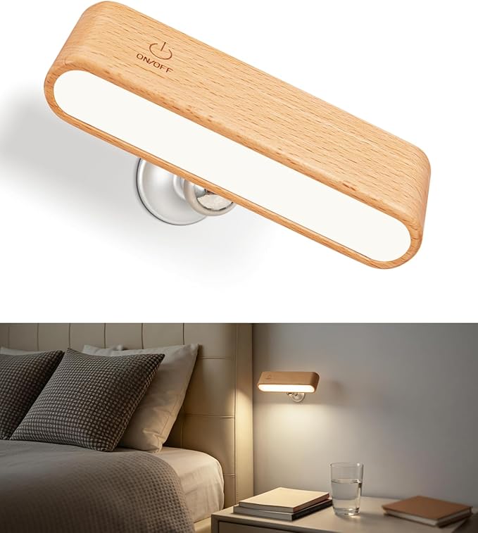 Wood Wall Sconce, Rechargeable Reading Light, Magnetic Bedside Lamp | Bedside Reading, 360° Rotation, Stepless Dimming, 4000K Natural Light, Magnetic Installation for Bedroom Wall Lamps