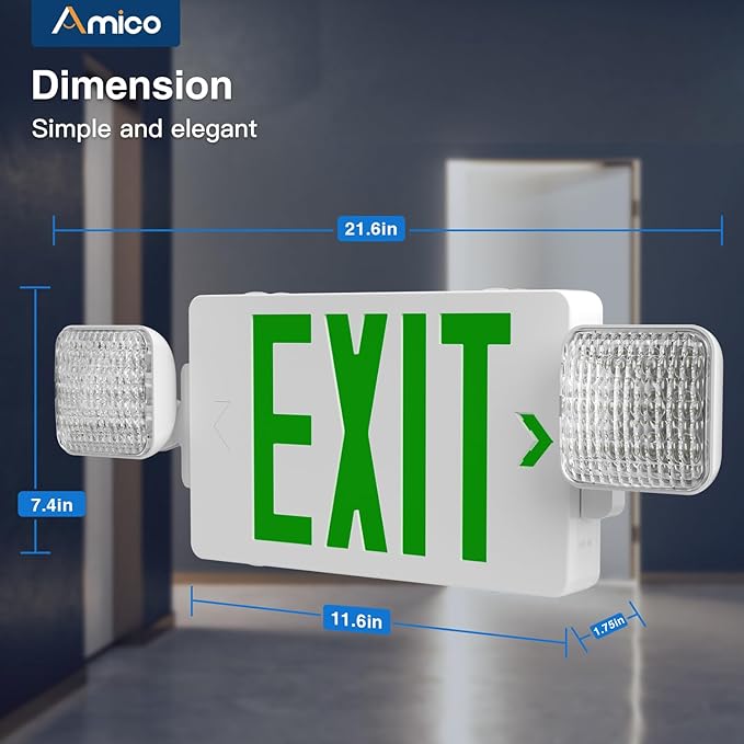 Amico 6 Pack Green Double-Sided Exit Sign with Emergency Lights, Two LED Adjustable Head with Battery Backup, ETL Certified, AC 120/277V, Commercial Emergency Lights Combo for Business