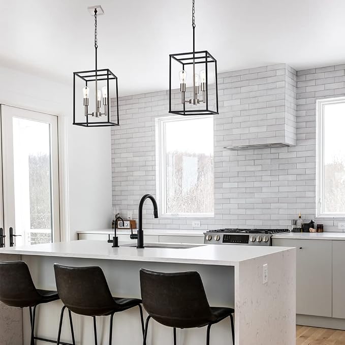 3 Lights Lantern Kitchen Island Pendant Lighting in Black and Brushed Nickel Finish, Industrial Hanging Lantern Chandelier for Dining Room Living Room Adjustable Height