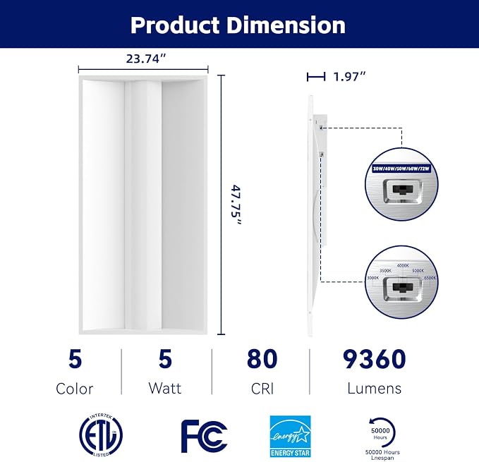 8Pack 2x4 FT LED Center Basket Troffer Light, 5CCT Color Tunable 3000/3500/4000/5000/6500K, Watt Adjustable 72W/60/50/40/30W, 0-10V Dimmable Drop Ceiling Lights, 120-277V-ETL Qualified