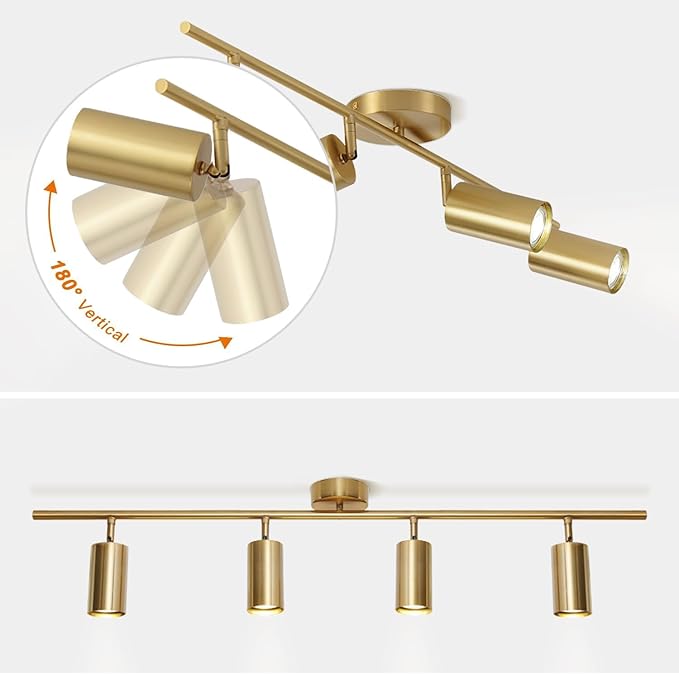 KCO Lighting 4-Light Flush Mount Track Lighting Fixtures Modern Kitchen Track Lights Brass Gold Ceiling Light Spotlight Mid Century Bar Spot Lights Indoor